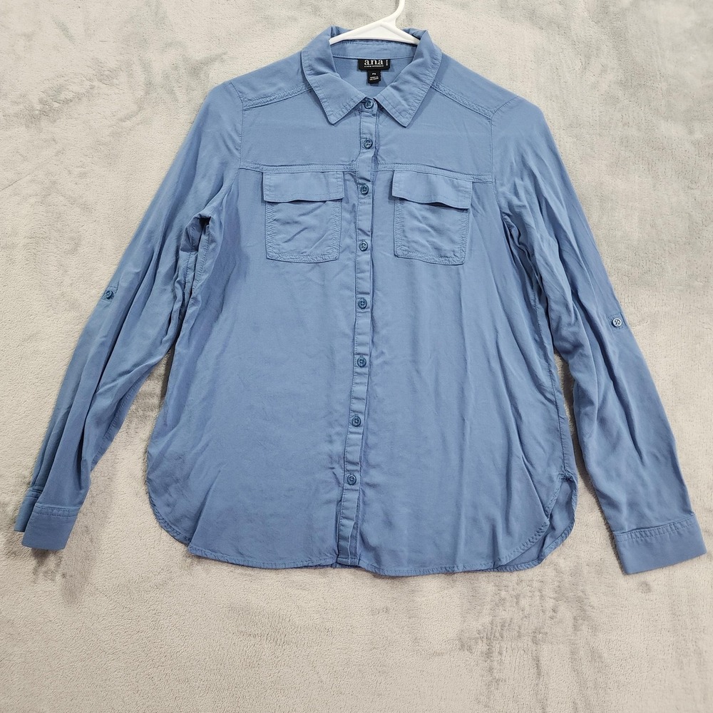 A.n.a Top Womens PS PETITE Blue Utility Rayon Button Up Roll Tab Sleeve Casual